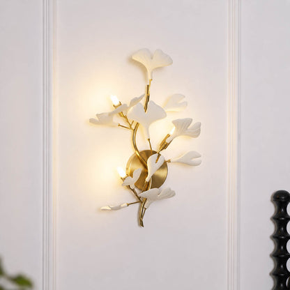 Gingko Sonia wall lamp above sofa living room mid century modern seating group warm ambient sculptural botanical lifestyle interior
