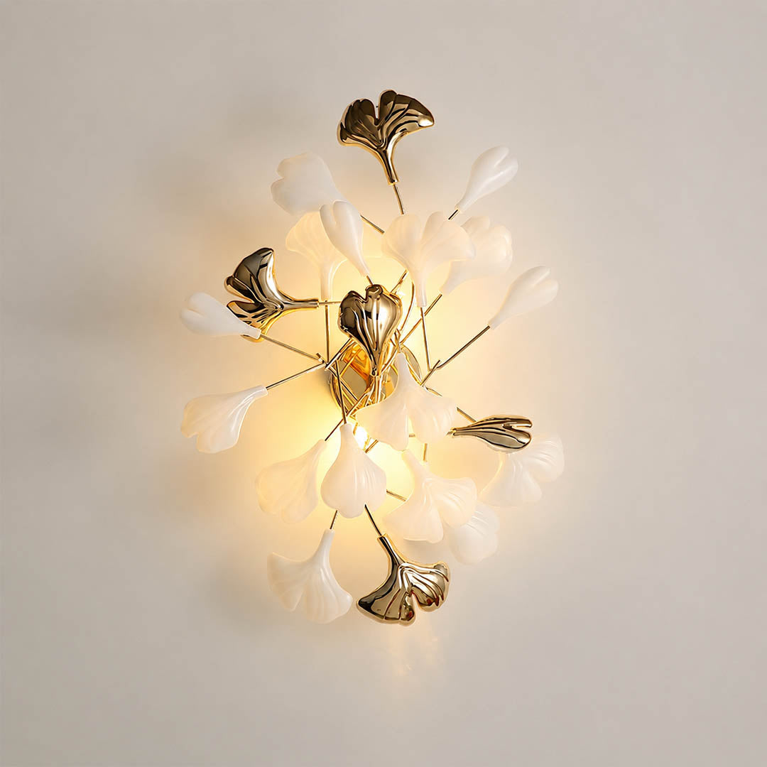 Gingko Sonia Wall Lamp large 15.7 inch handcrafted ceramic ginkgo leaves white porcelain gold metal branches 2 G9 sockets mid century art deco wall sconce statement living room bedroom white background