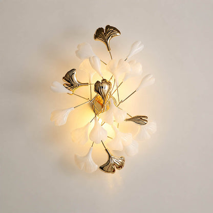 Gingko Sonia Wall Lamp large 15.7 inch handcrafted ceramic ginkgo leaves white porcelain gold metal branches 2 G9 sockets mid century art deco wall sconce statement living room bedroom white background