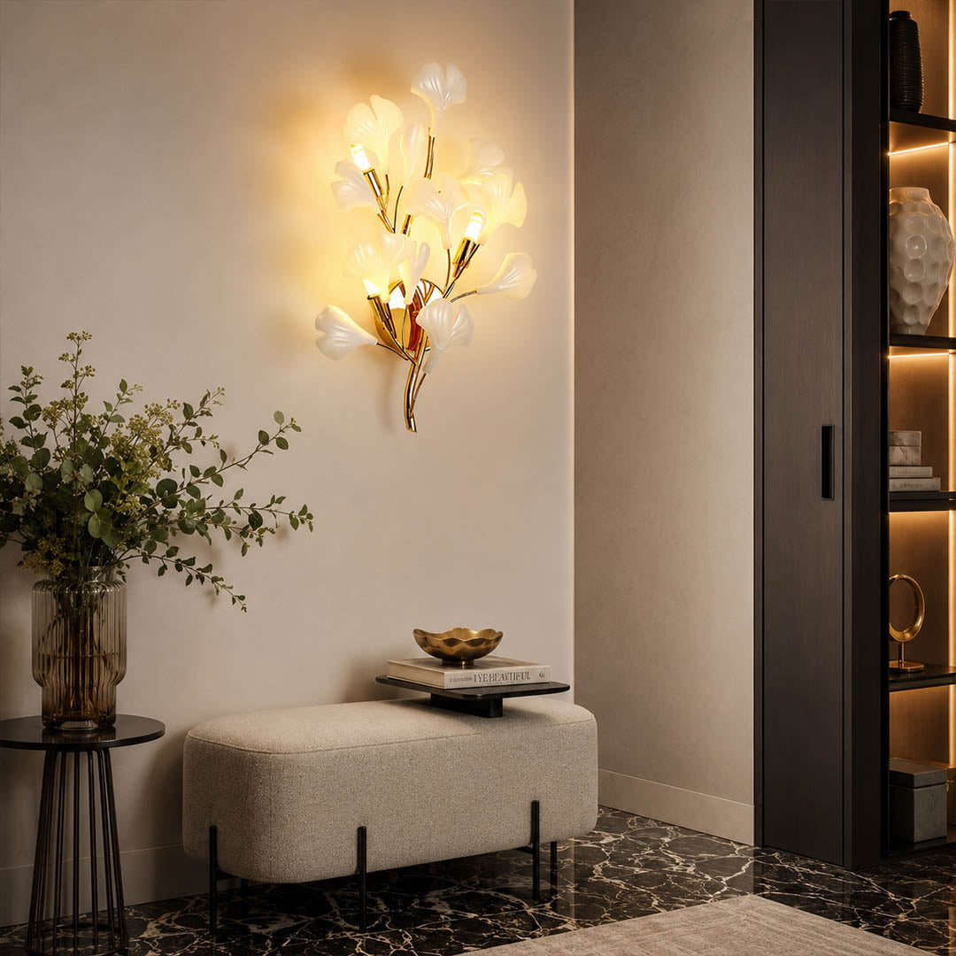 Gingko Sonia wall lamp foyer entryway console statement mid century modern welcoming warm ambient lifestyle interior