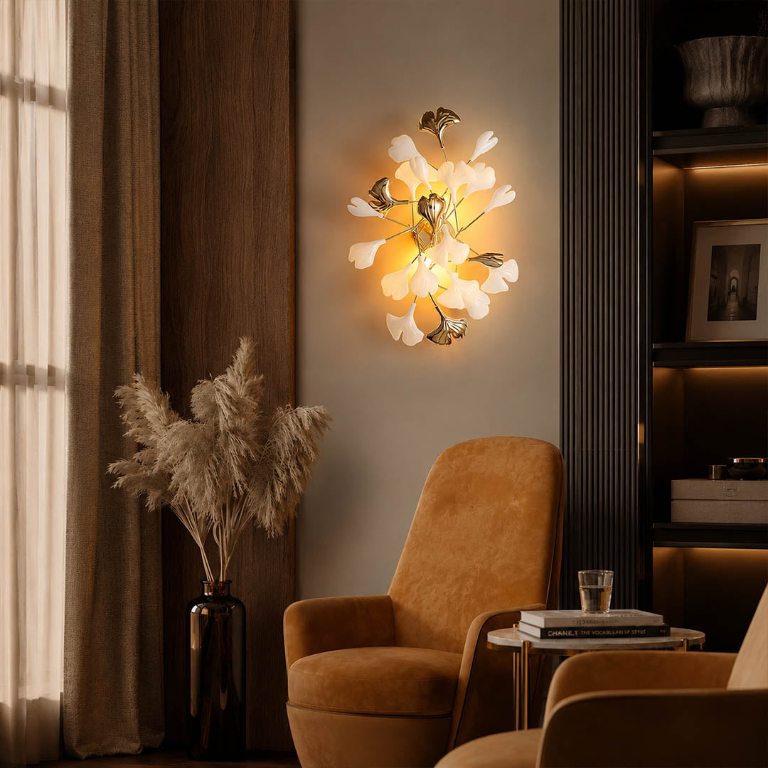 Gingko Sonia wall lamp living room accent wall statement above credenza mid century modern walnut warm ambient sculptural lifestyle interior