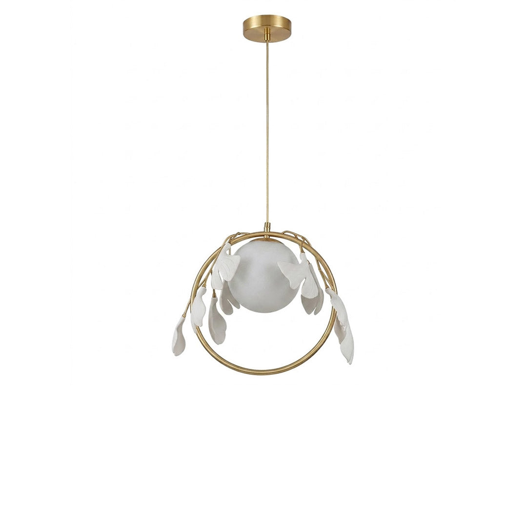 Ginkgo botanical pendant Model A dense cluster hand cast porcelain leaves brass halo frosted glass orb white background
