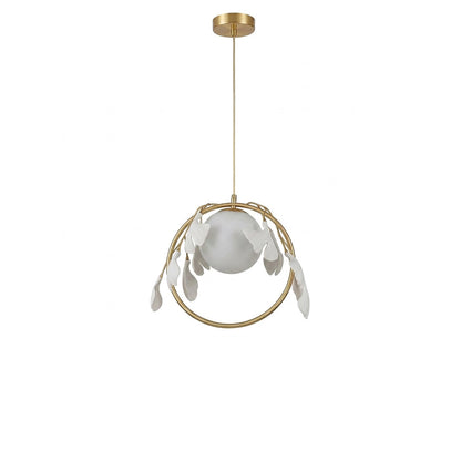 Ginkgo botanical pendant Model A dense cluster hand cast porcelain leaves brass halo frosted glass orb white background