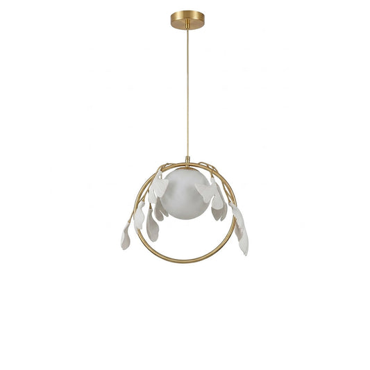 Ginkgo botanical pendant Model A dense cluster hand cast porcelain leaves brass halo frosted glass orb white background