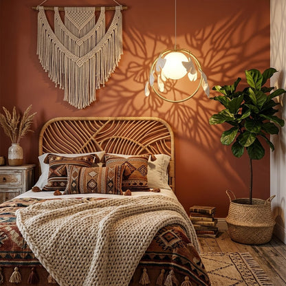 Ginkgo botanical pendant centered above master bed Japandi bedroom soft filtered glow neutral natural interior