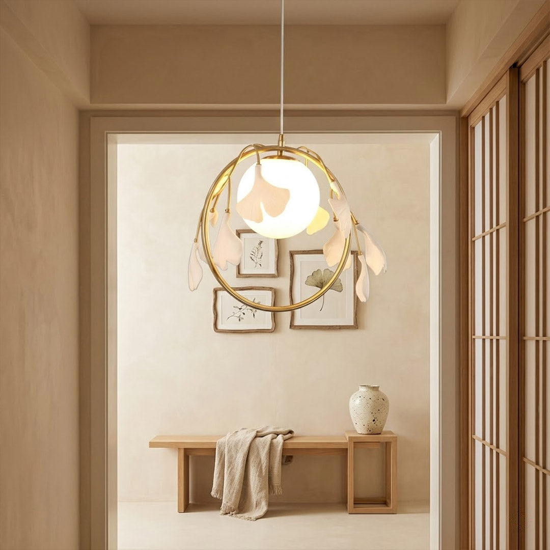 Ginkgo pendant single hanging in entryway foyer wabi sabi organic modern interior natural materials neutral palette