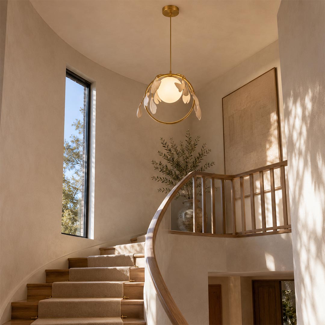 Ginkgo botanical brass porcelain pendant light illuminating a curved staircase in a warm modern hallway.