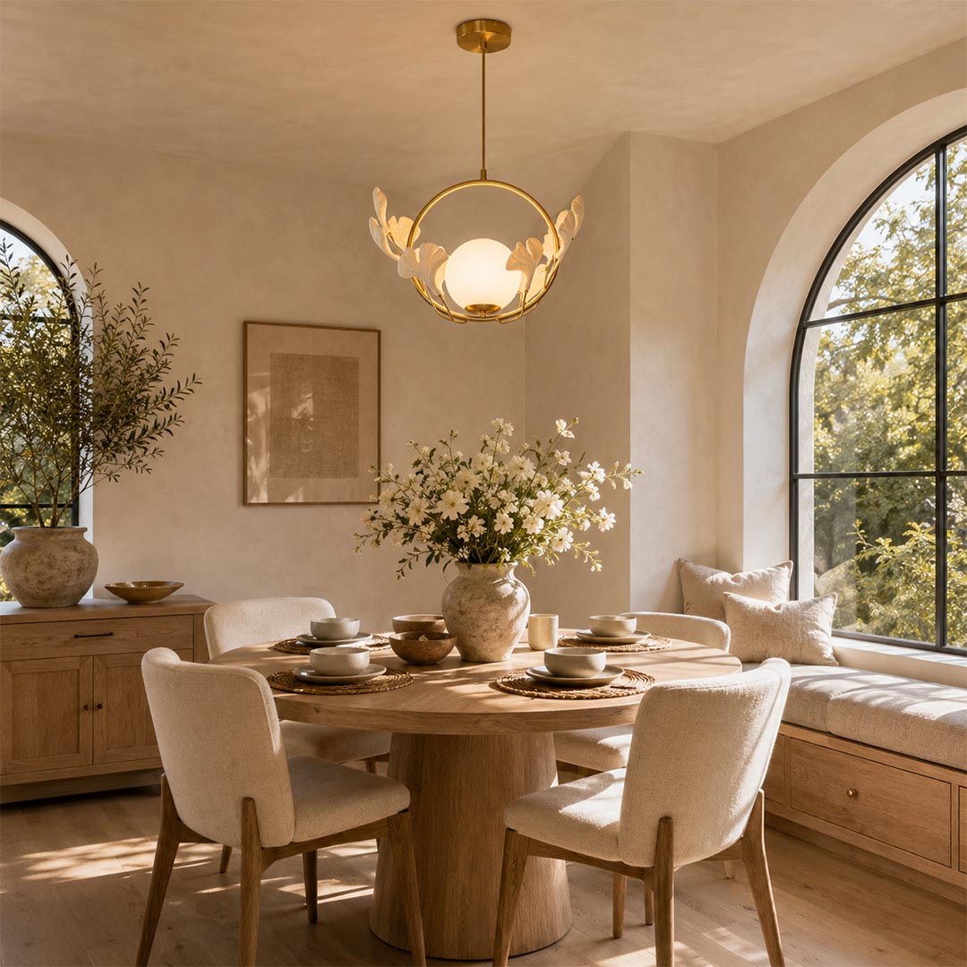 Brass ginkgo leaf porcelain pendant fixture over a wooden dining table surrounded by cream chairs.