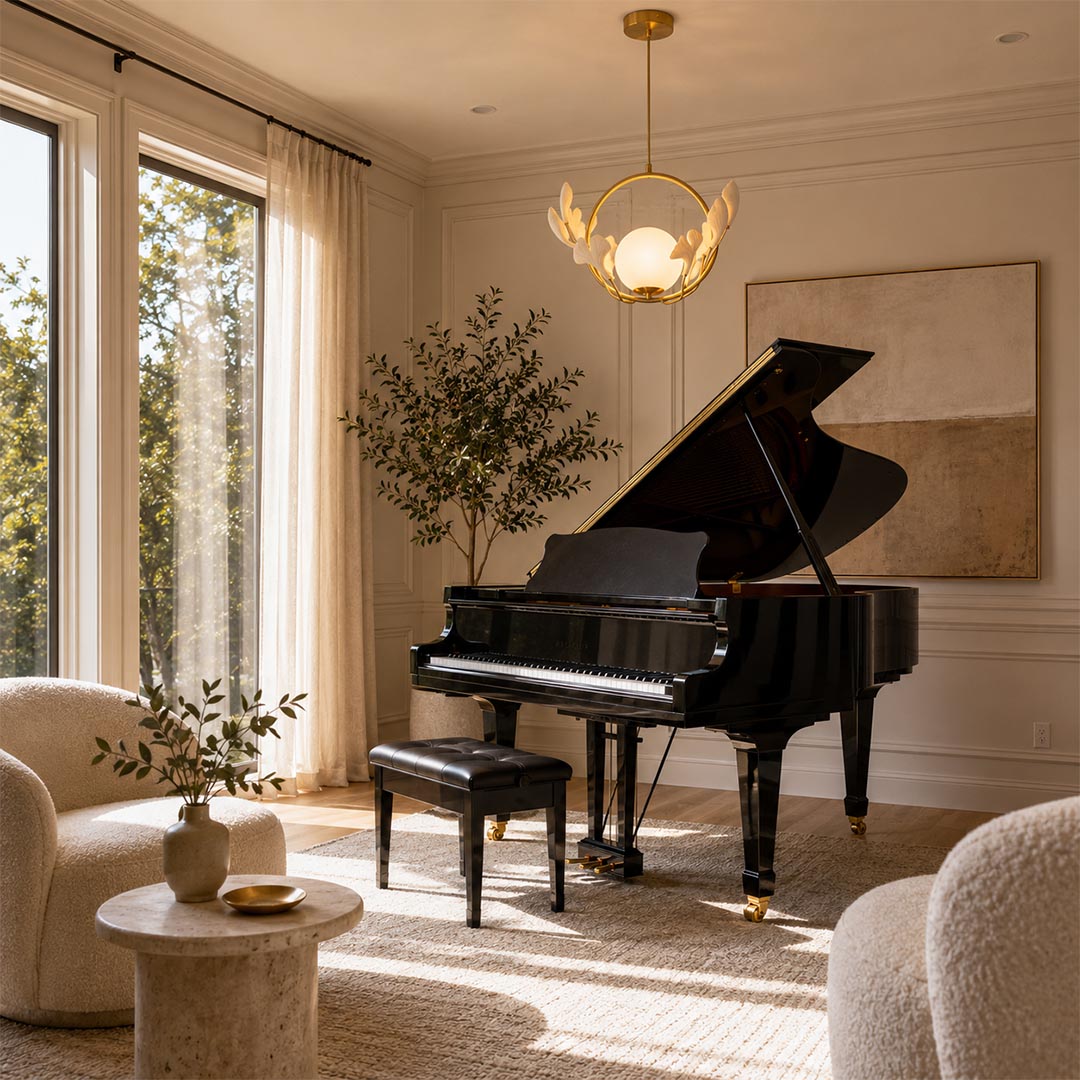 Elegant botanical ginkgo leaf chandelier hanging in a sunny music room with a grand black piano.