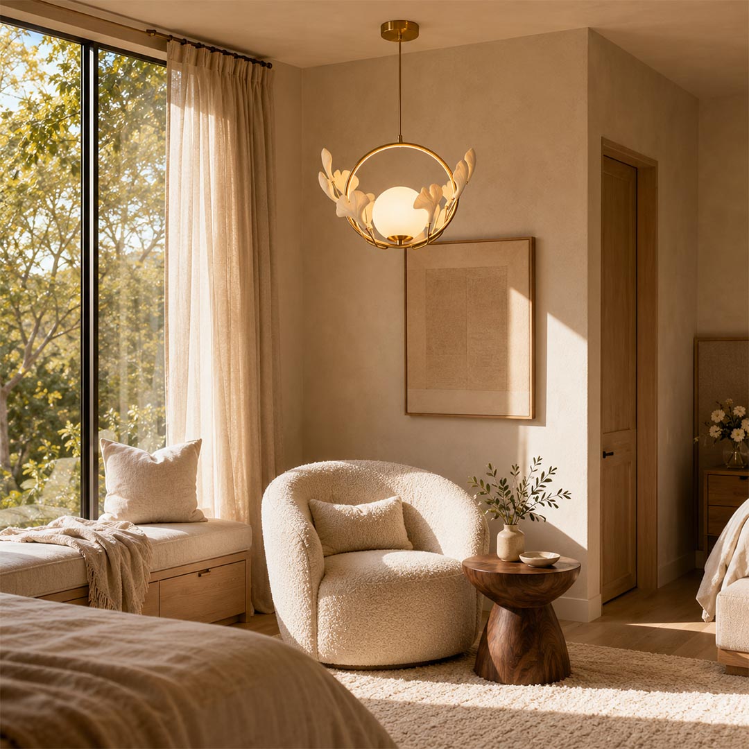 Organic brass ginkgo porcelain pendant light hanging near a cozy lounge chair and window Nook in a bedroom.