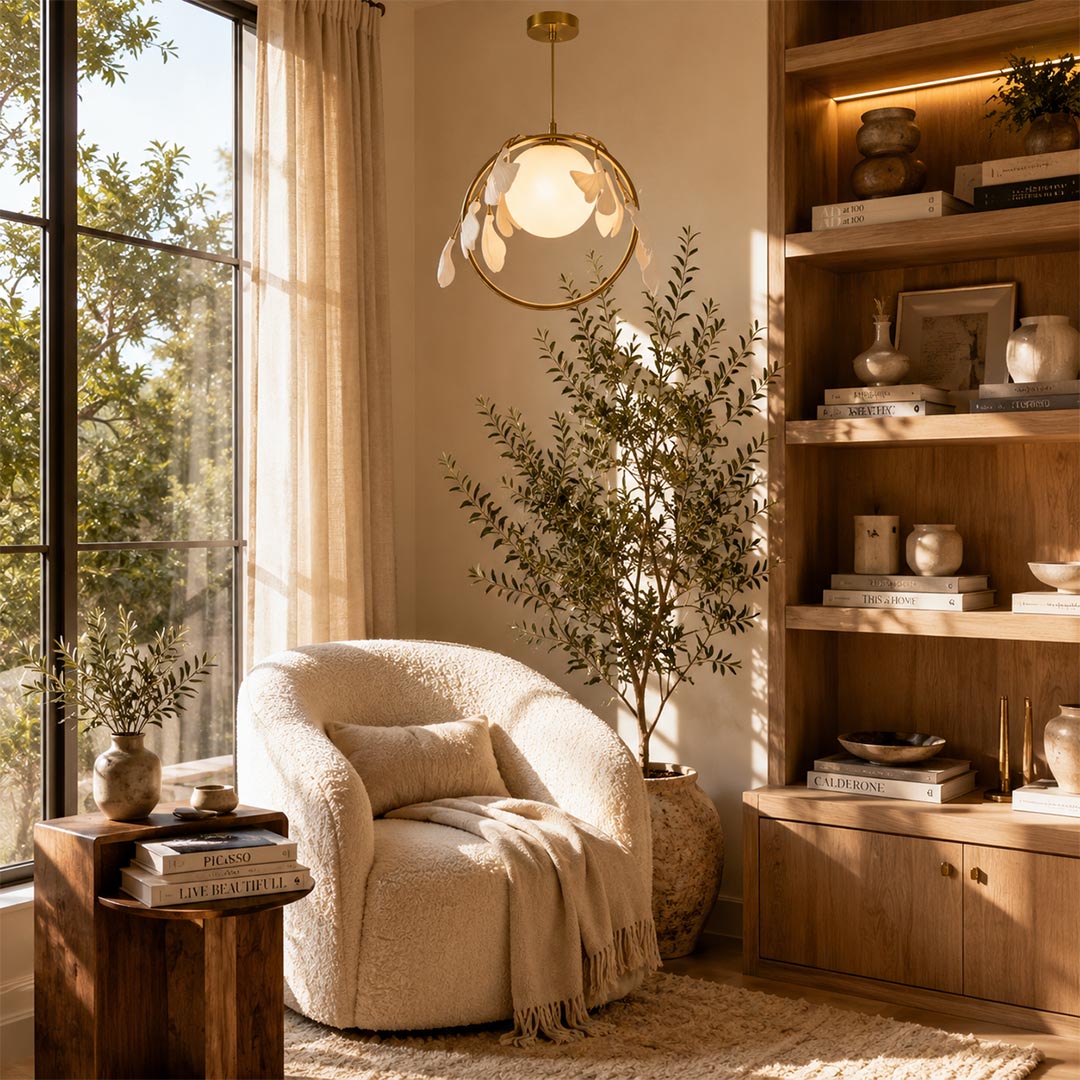 Modern brass botanical leaf pendant lamp over a bouclé accent chair next to built-in wooden bookshelves.