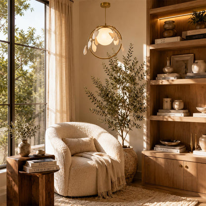 Modern brass botanical leaf pendant lamp over a bouclé accent chair next to built-in wooden bookshelves.