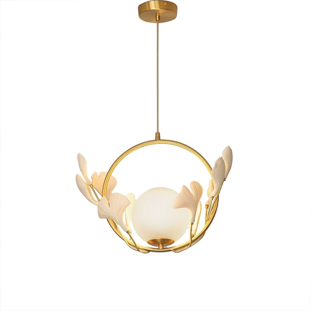 Ginkgo botanical pendant Model B dispersed arrangement hand cast porcelain leaves brass halo frosted glass orb white background