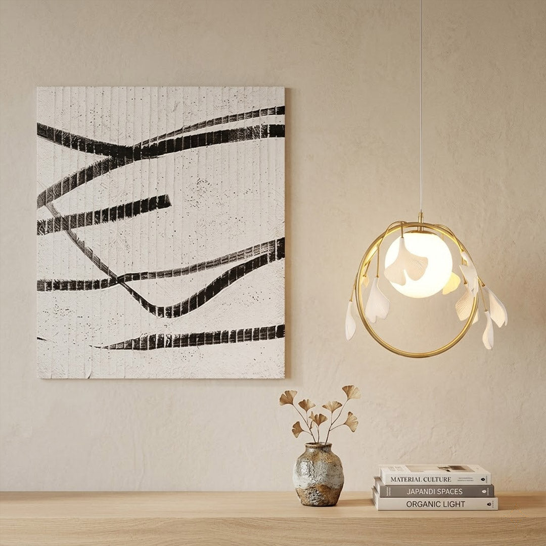 Ginkgo pendant single hanging in entryway foyer wabi sabi organic modern interior natural materials neutral palette