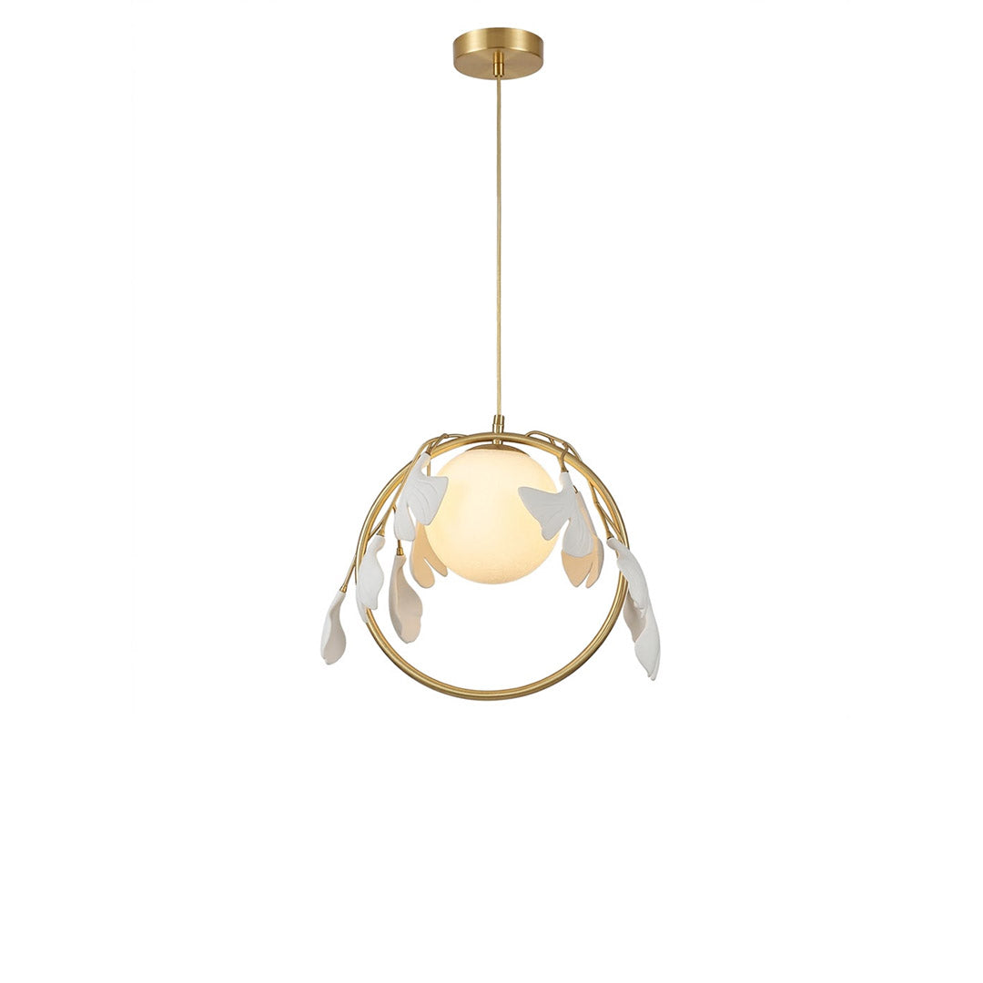Ginkgo botanical pendant Model A dense cluster hand cast porcelain leaves brass halo frosted glass orb white background