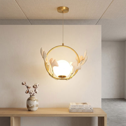 Ginkgo pendant single hanging in entryway foyer wabi sabi organic modern interior natural materials neutral palette