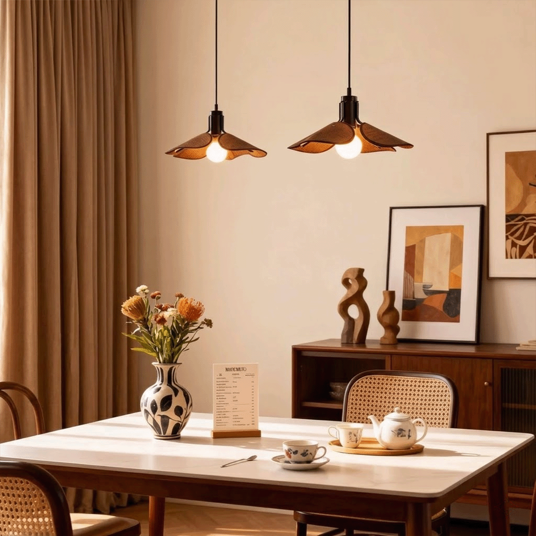 Givora Light Brown handwoven fabric pendant breakfast bar kitchen nook natural materials wabi sabi cozy morning light
