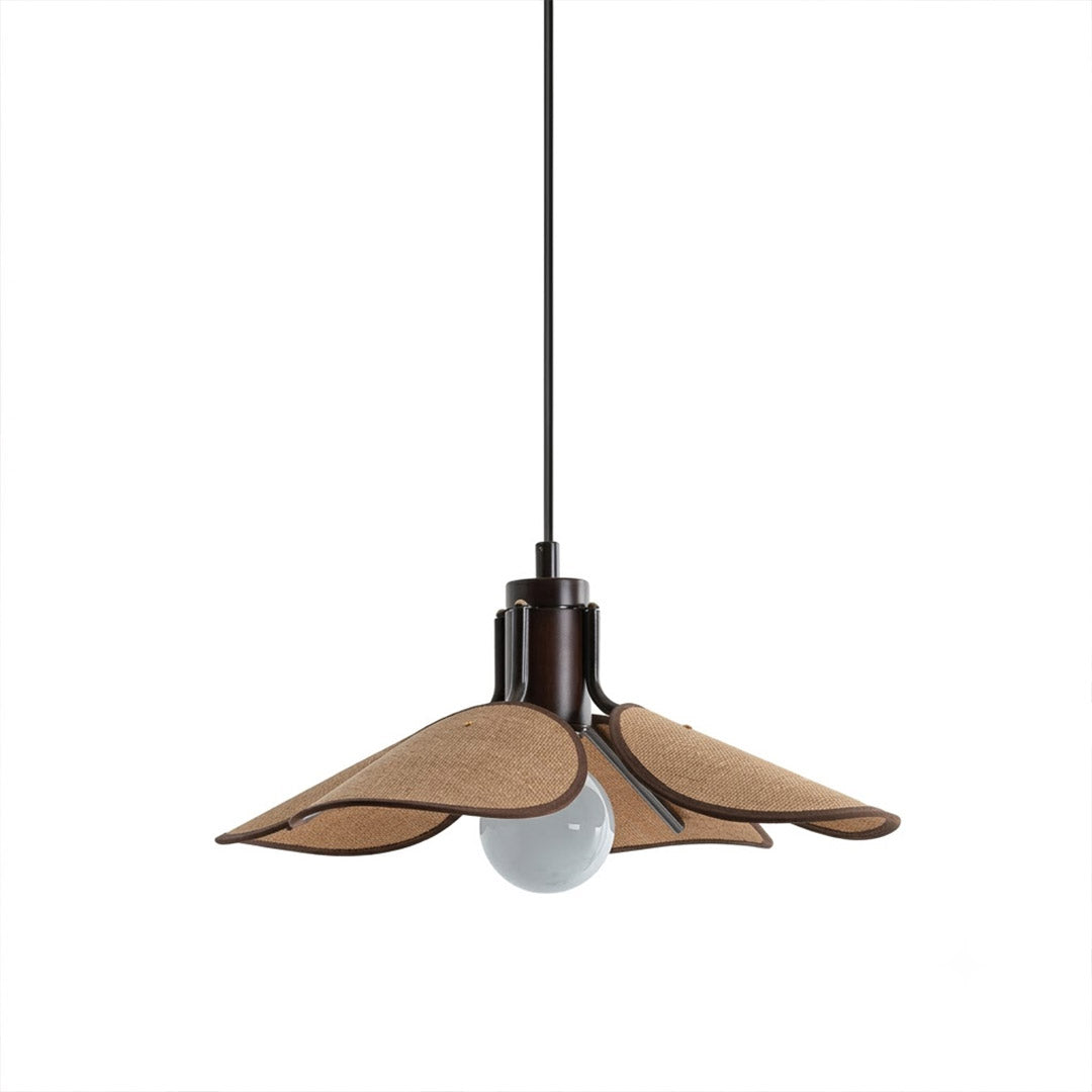 Givora handwoven fabric pendant light Light Brown natural wood ring Wabi Sabi Scandinavian 20 inch round bar white background