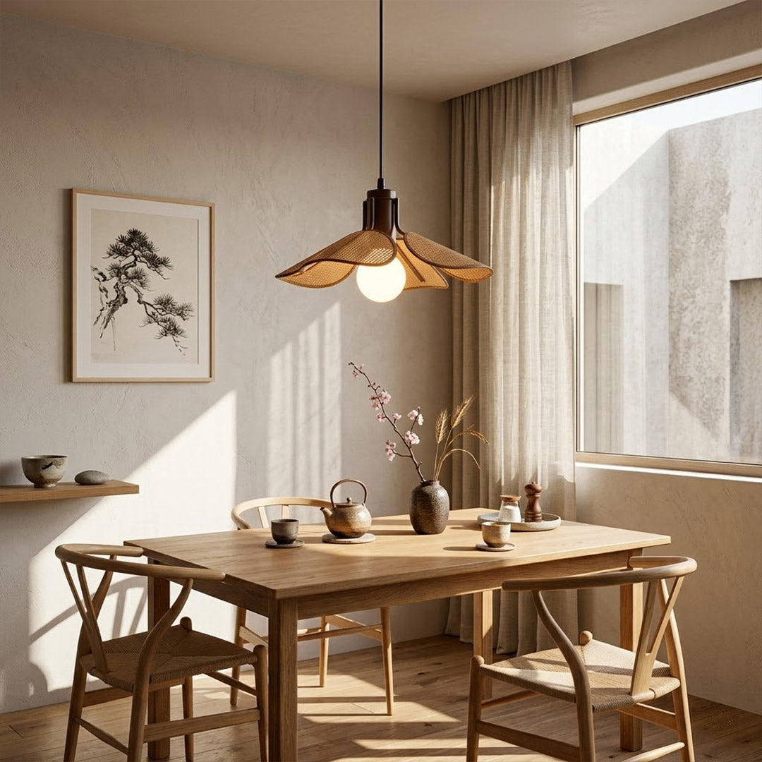 Givora Light Brown handwoven fabric pendant above Japandi dining room long wood table neutral palette warm glow Wabi Sabi interior