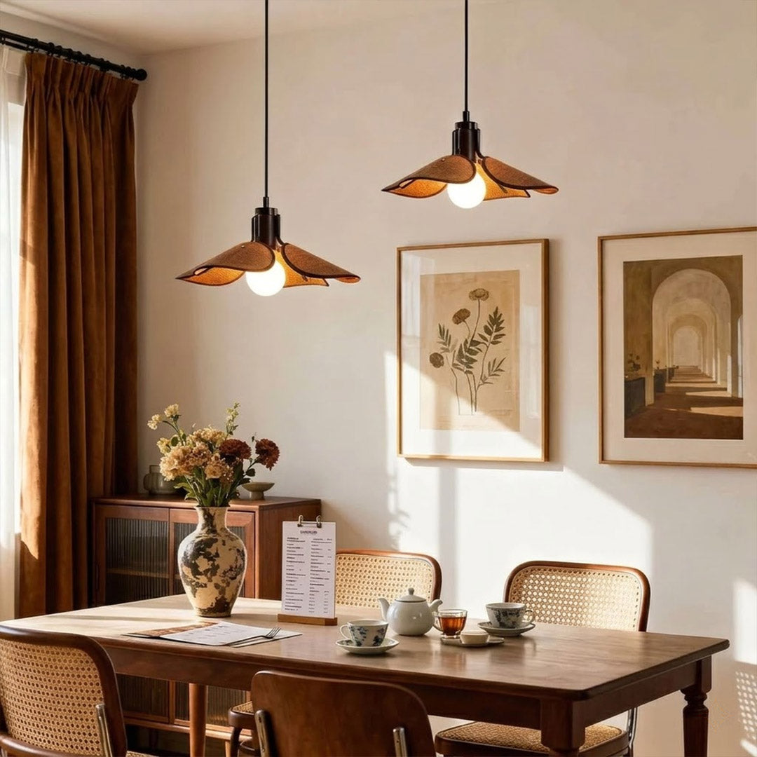 Givora Light Brown handwoven fabric pendant above Japandi dining room long wood table neutral palette warm glow Wabi Sabi interior