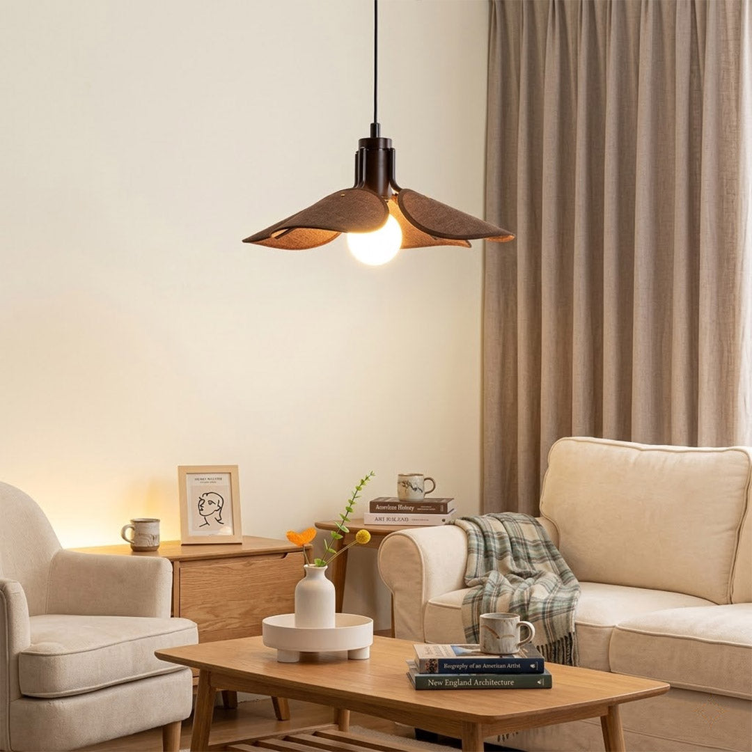 Givora Light Brown handwoven fabric pendant master bedroom centered above bed 8 foot ceiling Japandi warm soft glow