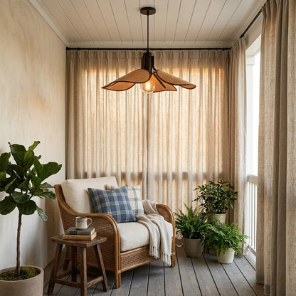 Givora Light Brown handwoven fabric pendant master bedroom centered above bed 8 foot ceiling Japandi warm soft glow