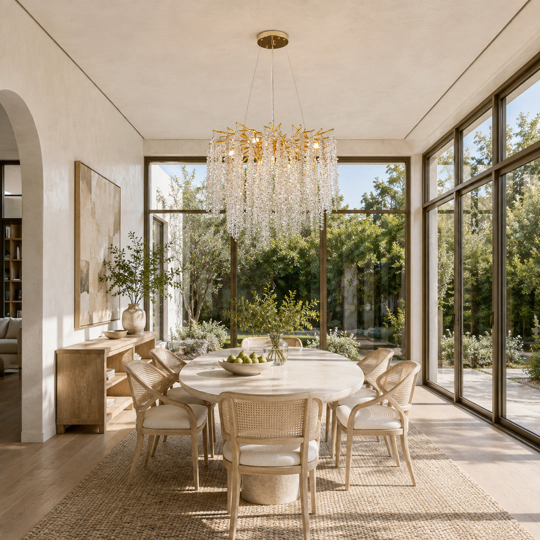 Glicine linear crystal chandelier lighting a breakfast bar