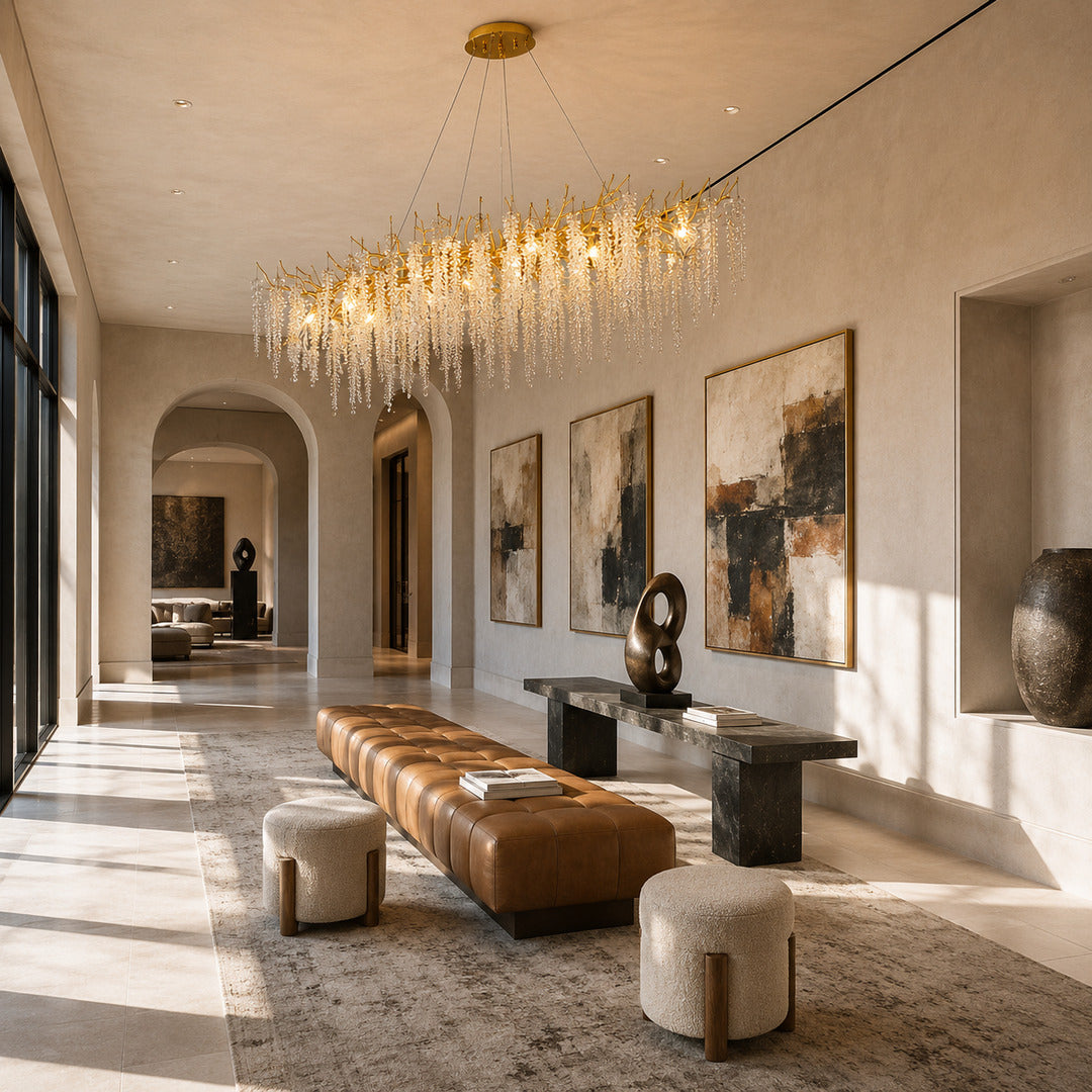 Glicine crystal chandelier lighting a hallway with a soft sparkle