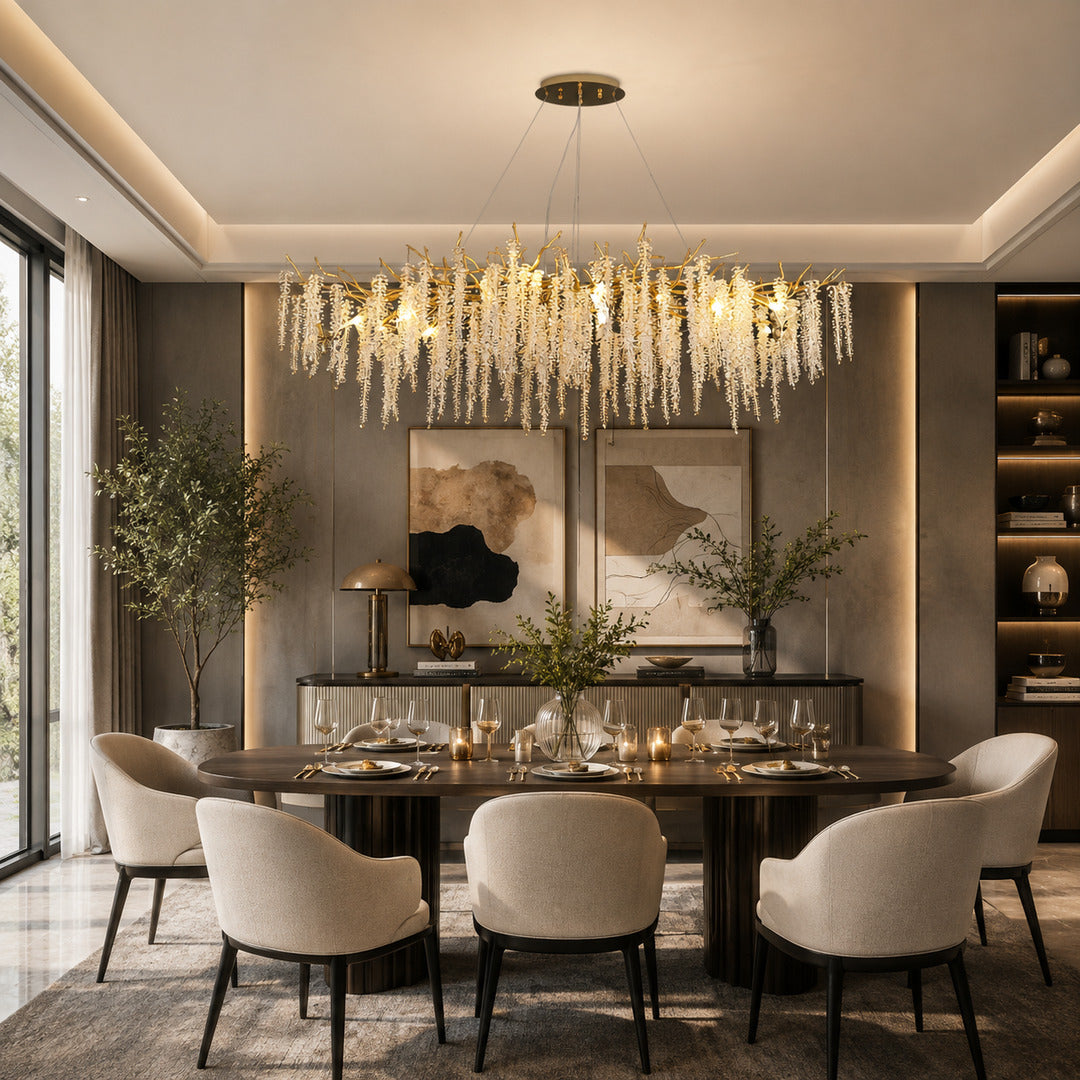 Glicine linear crystal chandelier sparkling over a rectangular dining table