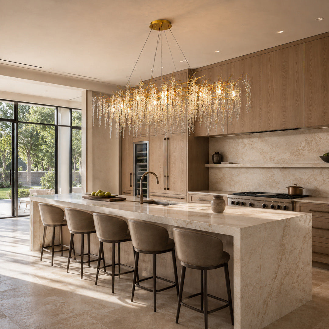 Glicine linear crystal chandelier suspended over a kitchen island