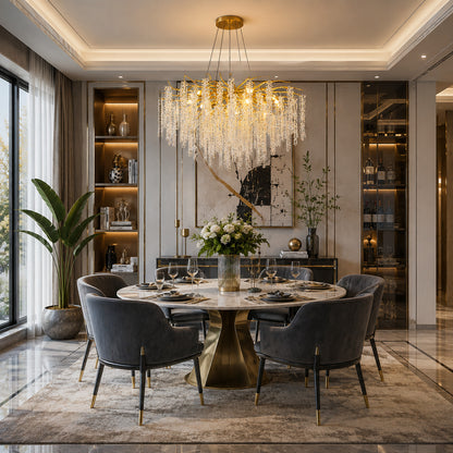 Glicine linear crystal chandelier sparkling over a rectangular dining table