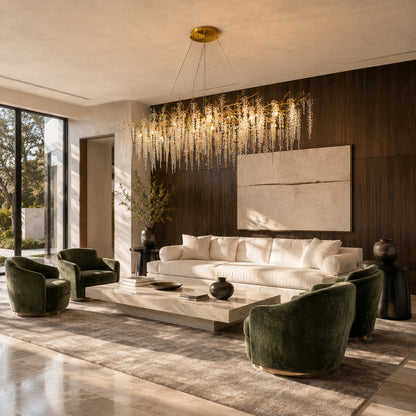 Round Glicine crystal chandelier as an elegant centerpiece in a living room