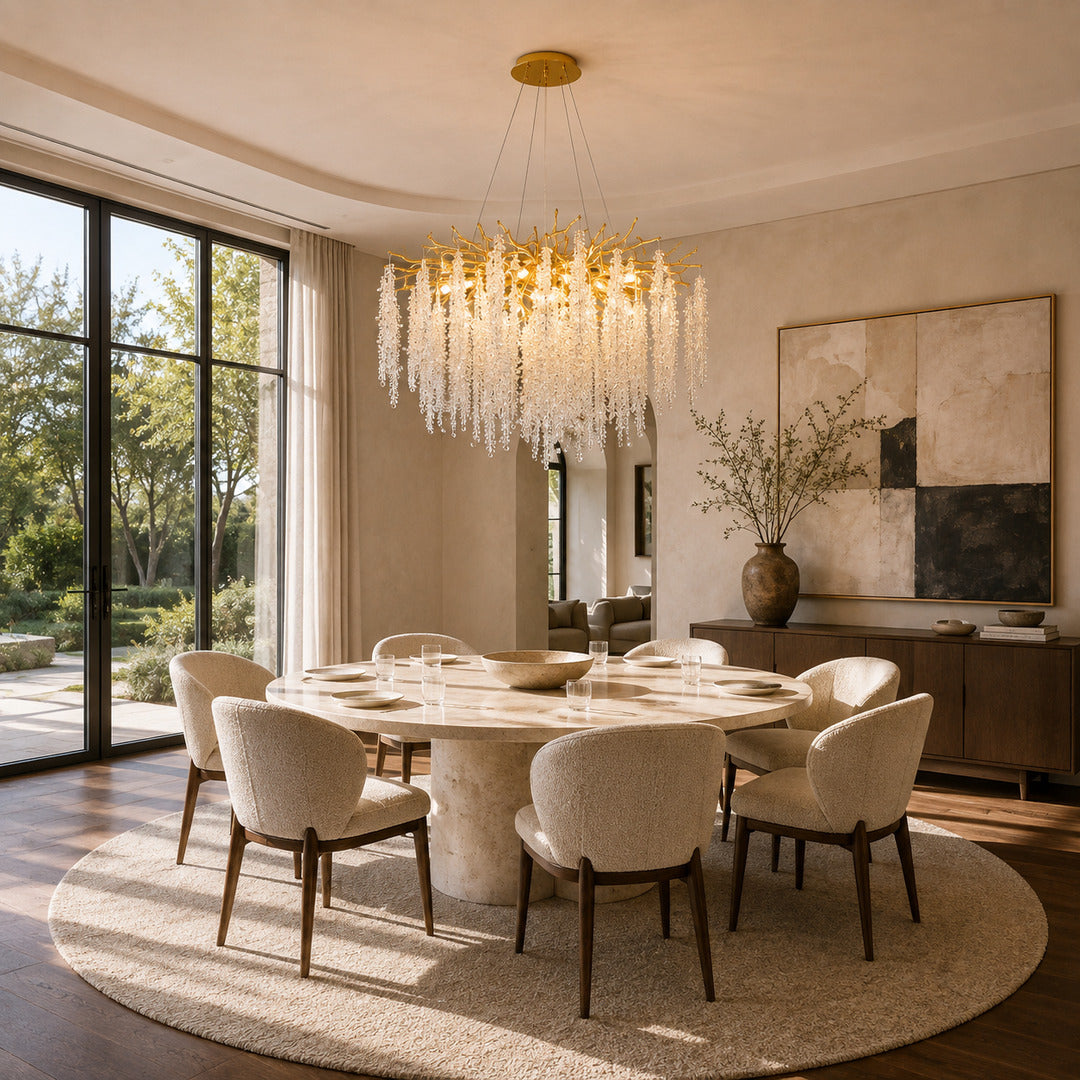 Glicine linear crystal chandelier sparkling over a rectangular dining table