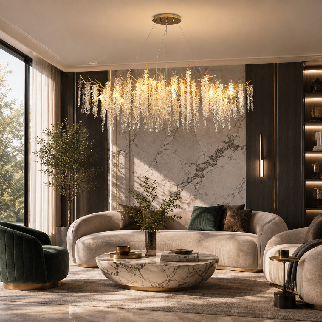 Round Glicine crystal chandelier as an elegant centerpiece in a living room