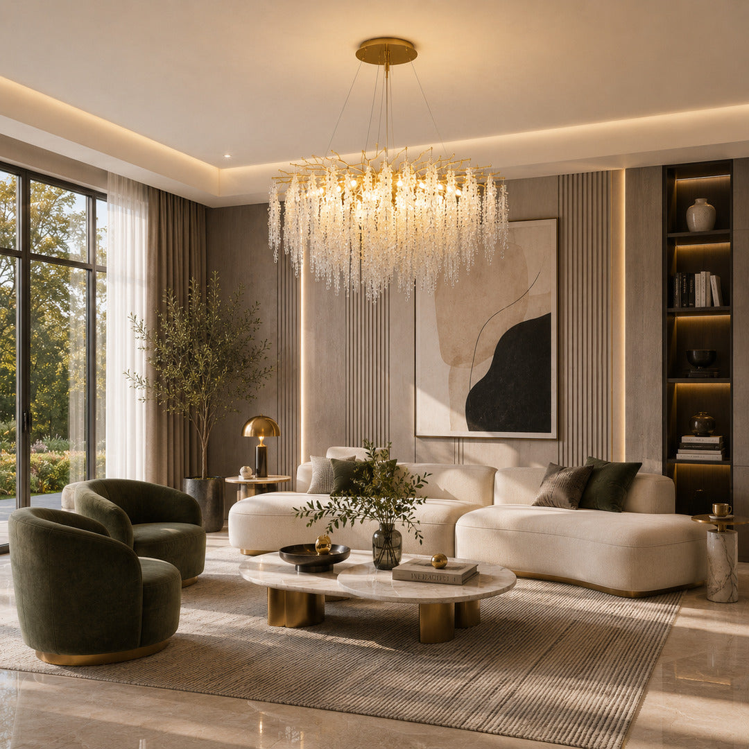 Round Glicine crystal chandelier as an elegant centerpiece in a living room