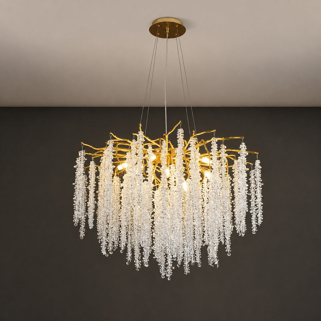 Round 31.5-inch Glicine crystal chandelier with ten lights as a living room centerpiece