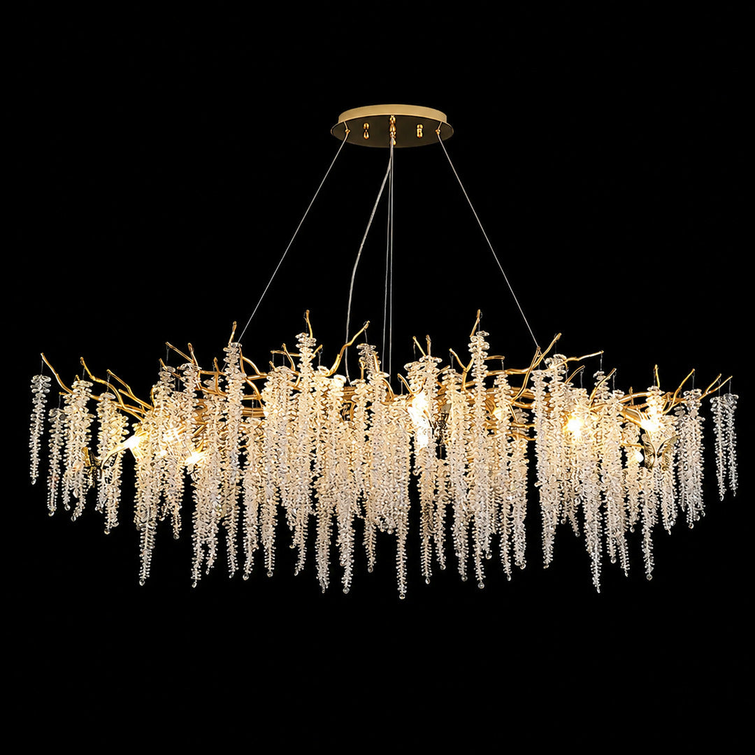 Linear 47.2-inch Glicine crystal chandelier over a rectangular dining table