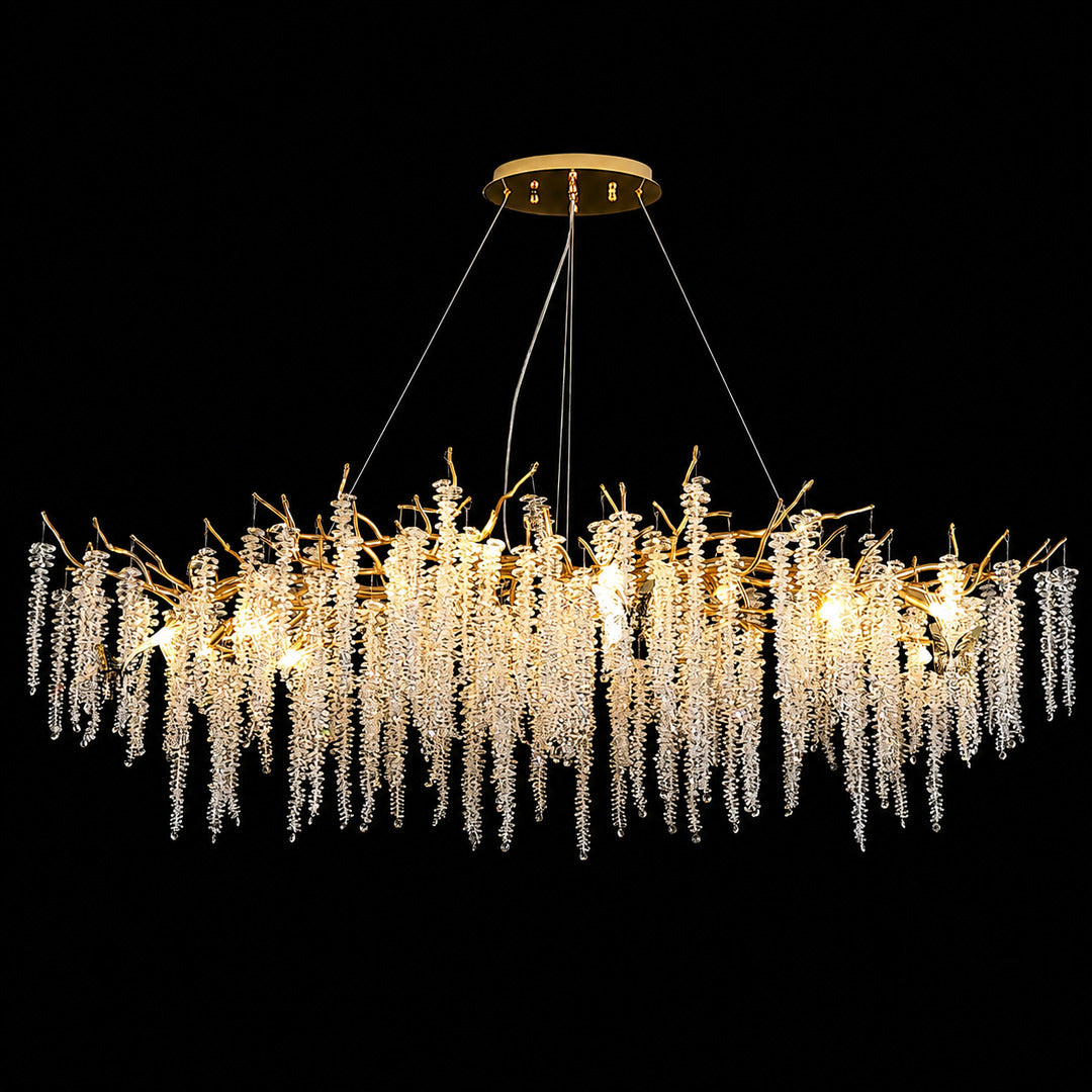 Linear 59.1-inch Glicine crystal chandelier over a long kitchen island