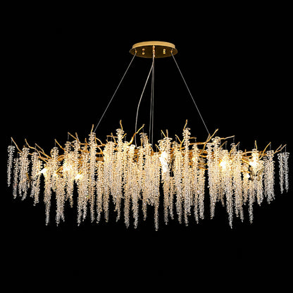 Linear 59.1-inch Glicine crystal chandelier over a long kitchen island