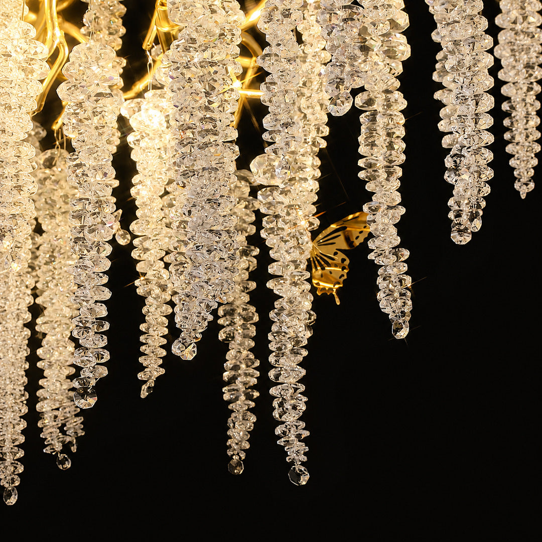 Close-up of the clear crystal glass drops hanging like wisteria blossoms on the Glicine chandelier