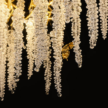Close-up of the clear crystal glass drops hanging like wisteria blossoms on the Glicine chandelier