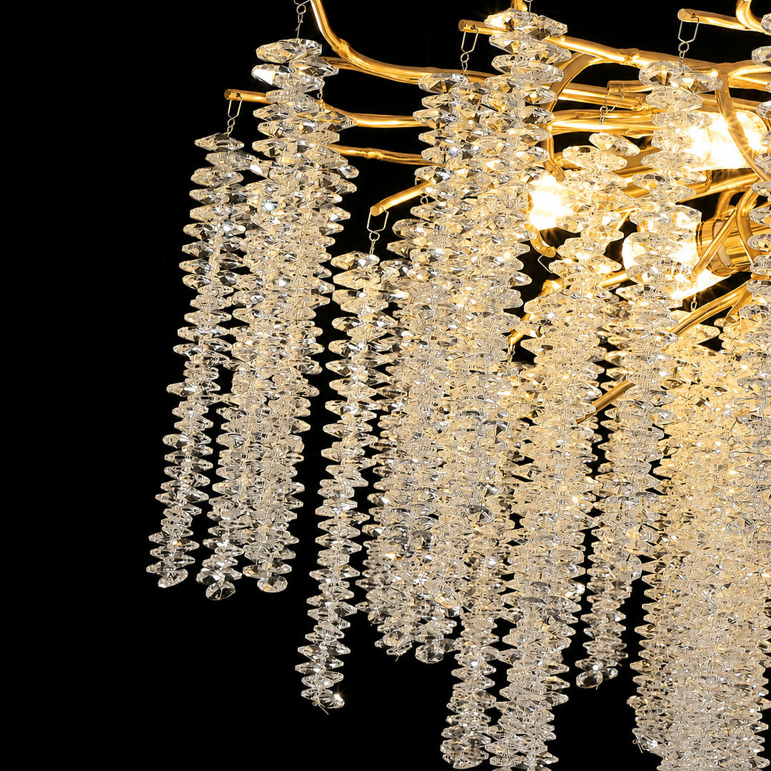 Close-up of the clear crystal glass drops hanging like wisteria blossoms on the Glicine chandelier