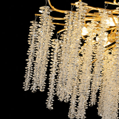 Close-up of the clear crystal glass drops hanging like wisteria blossoms on the Glicine chandelier