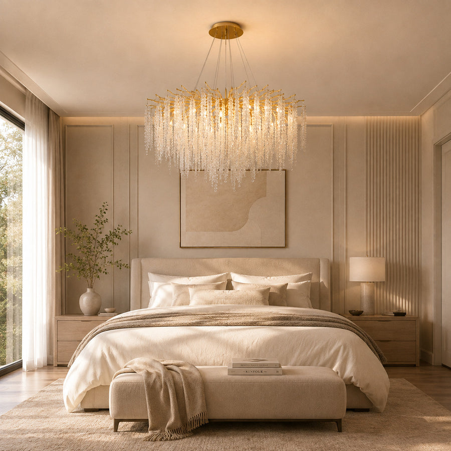 Round Glicine crystal chandelier adding romantic sparkle above a primary bedroom