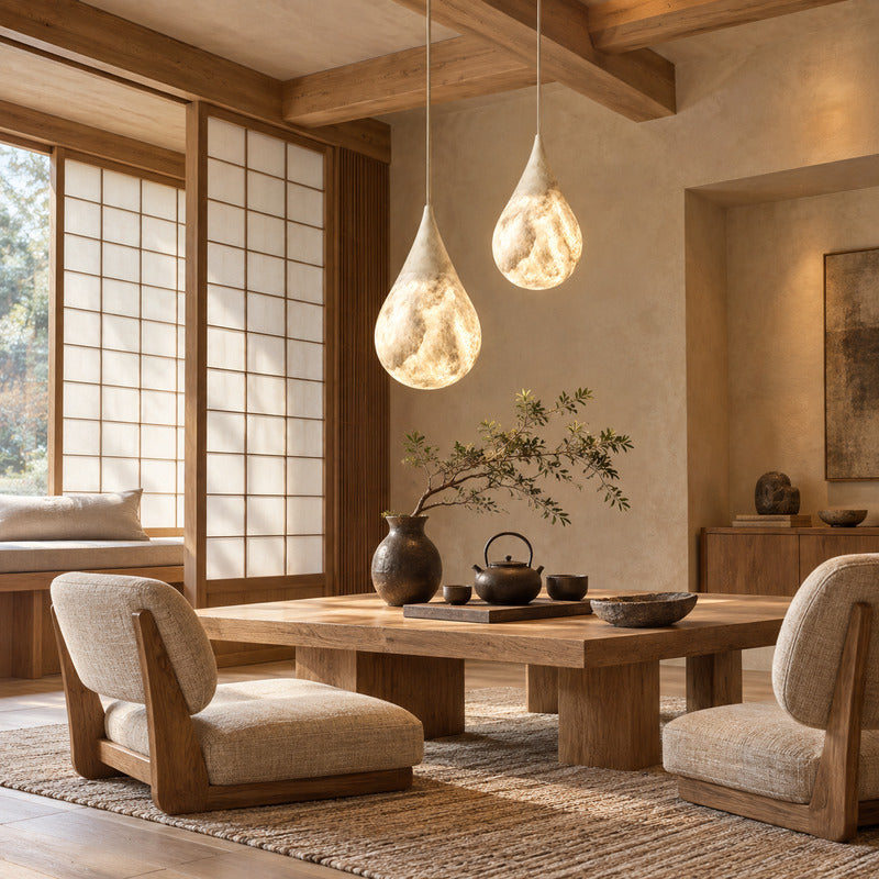Goccia alabaster raindrop pendant complementing a warm Japandi space with natural materials