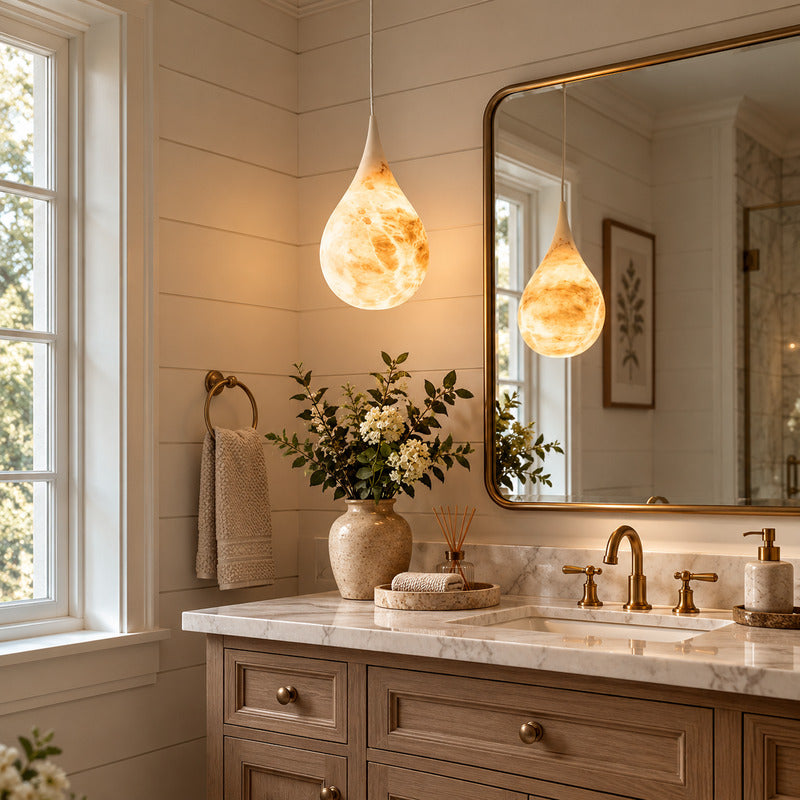 Goccia alabaster raindrop pendant above a vanity mirror in a dry dressing area