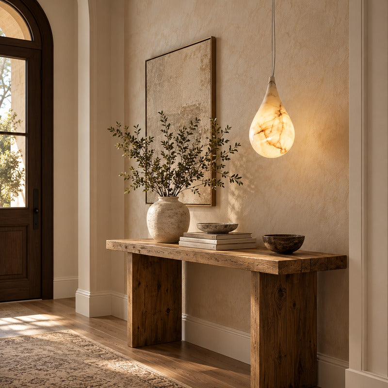 Goccia alabaster raindrop pendant welcoming guests with a warm stone glow in an entryway