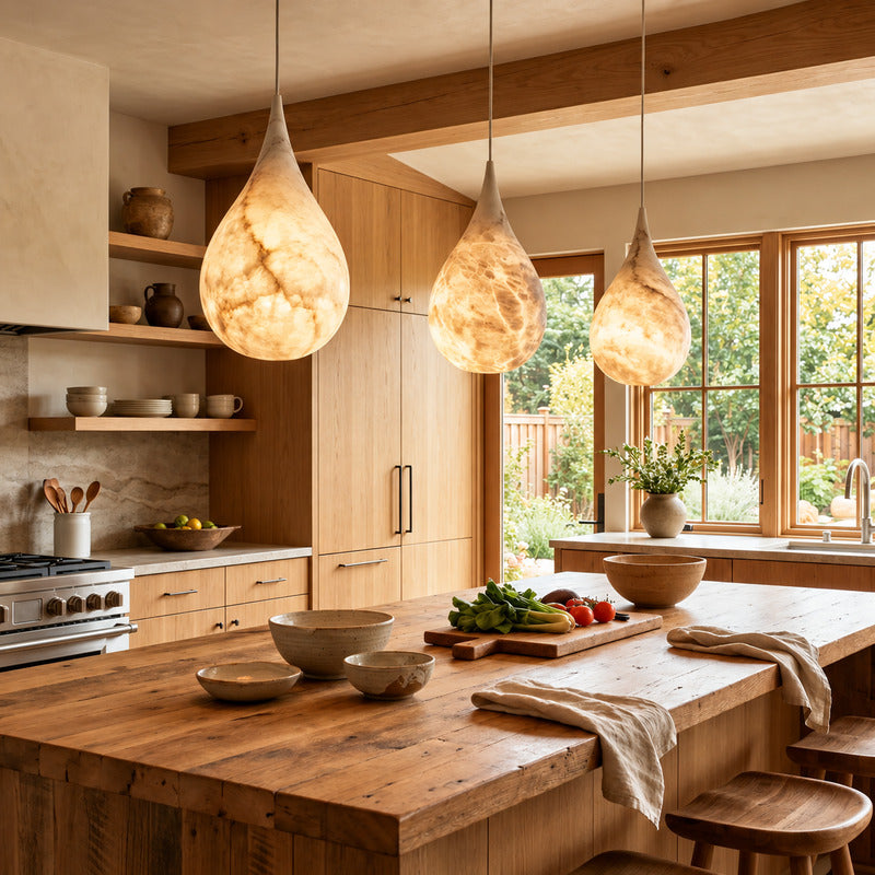 Row of Goccia alabaster raindrop pendants suspended over a modern kitchen island