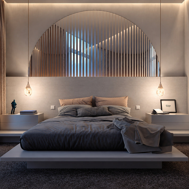 Pair of Goccia alabaster raindrop pendants flanking a bed in place of table lamps
