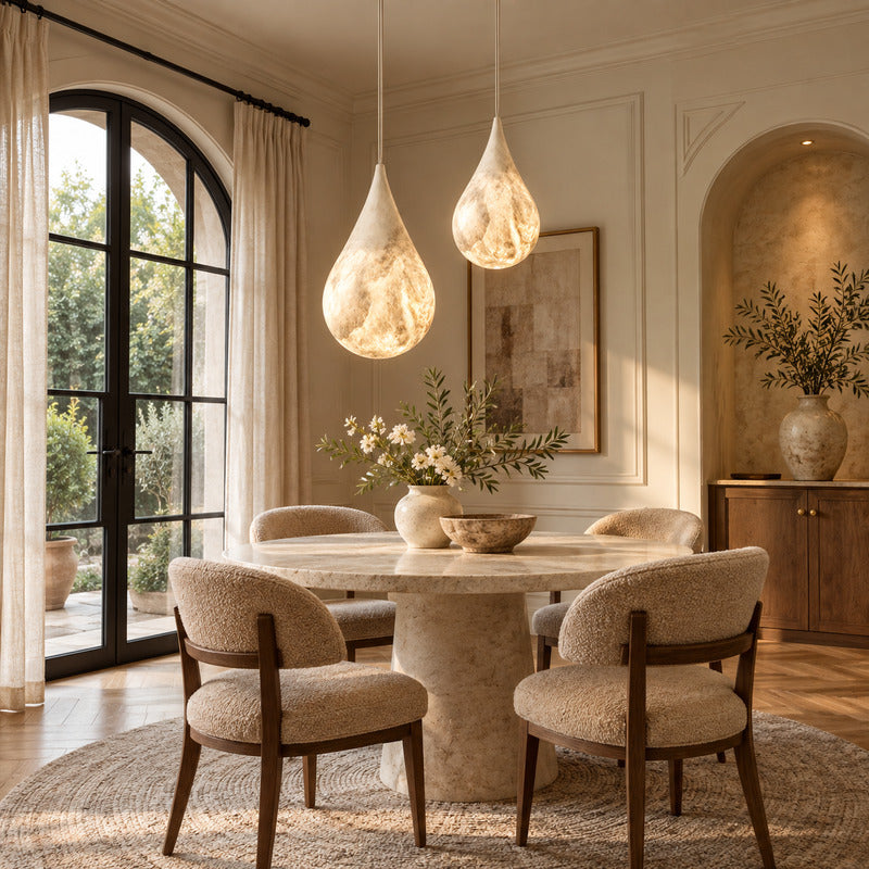 Goccia alabaster pendant casting a warm glow over an elegant dining table